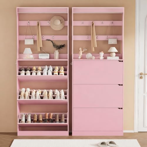 Pink Hidden Shoe Cabinet with 3 Flip Drawers & Coat Rack, Entryway - Image 3