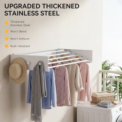 Collapsible Laundry Drying Rack Wall Mounted - 31.5 Inch Metal Clothing Drying Rack with 6 Hooks, Retractable Foldable Dry Racks for Laundry Drying Indoor, Heavy Duty Towel & Coat Hanger - Image 6