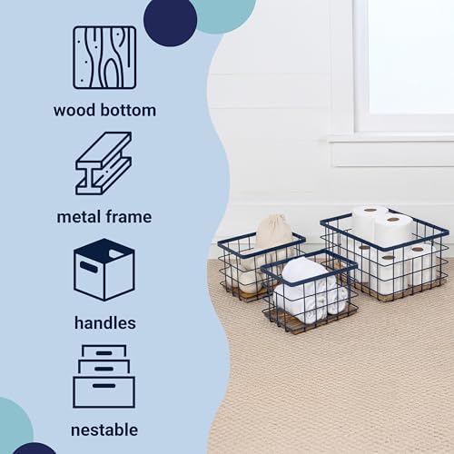 happimess Evvie 3-Piece Wire Metal Wood Nesting Baskets 15", Navy/Natural - Image 3