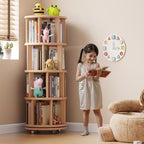 Muwuele 4 Tier Solid Wood Rotating Bookshelf Tower on Wheels, Natural - Image 3
