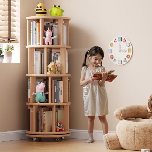 Muwuele 4 Tier Solid Wood Rotating Bookshelf Tower on Wheels, Natural - Image 3