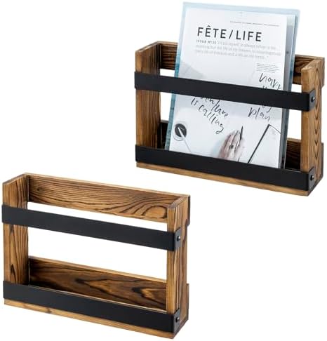 MyGift Wall-Mount Magazine Racks, Burnt Wood & Black Metal, Set of 2 by MyGiftHome