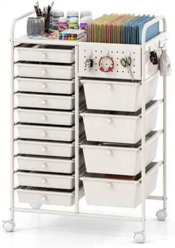 Giantex 14 Drawer Storage Cart, Rolling Craft Cart with Metal Tabletop & Pegboard, Mobile Utility Organizer Trolley with Locking Wheels, Home Office, Ivory by Giantex