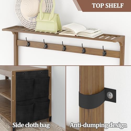 AMBIRD Hall Tree with bench and shoe storage, Entryway Bench with shoe storage, 6-in-1 Coat Rack with Cloth Bag and14 Coat Hooks, Sturdy Bamboo Frame, Large Size, Brown 39 * 15 * 70 Inches - Image 5