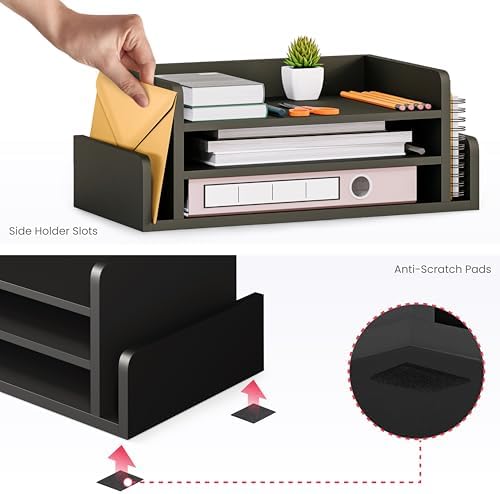 Ballucci 3-Tier Desk Organizer with 2 Side Mail Sorter Slots, Wood Letter Tray, Open Top Paper Organizer, Desktop File Organizer, Black - Image 6