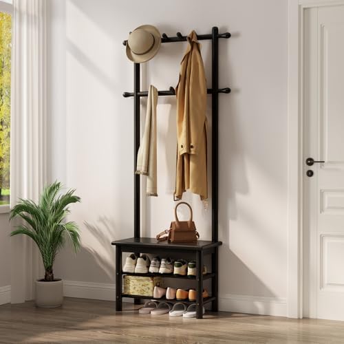 AQIMUELE Coat Rack with Shoe Storage, Narrow Wooden Hall Tree with Bench, 11 Hooks and 2-Tier Storage Shelves, 3-in-1, Entryway Bench with Coat Rack (23.6"-Black) by AQIMUELE