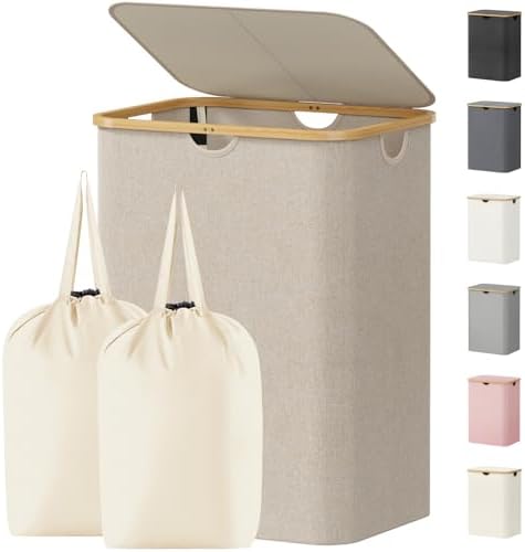 Lifewit 150L Large Laundry Basket with Lid, 2 Removable Bags, Beige by Lifewit