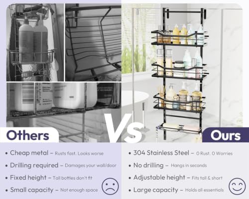 SWTYMIKI Over the Door Shower Caddy - 4 Tier Adjustable Shower Organizer Hanging with Soap Holder, No Drilling Stainless Steel Bathroom Rack Hanging for Body Wash, Shampoo, Soap, Razor, Black - Image 3
