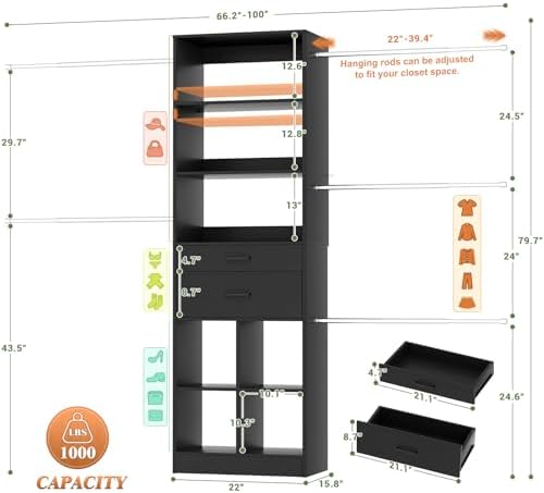 Besiost Closet System, 4-8 FT Closet Organizer Systems with 2 Wooden Drawers and 5 Hanging Rods, Can Fit 60 to 96 inch Walk-in Closet System, Black - Image 3