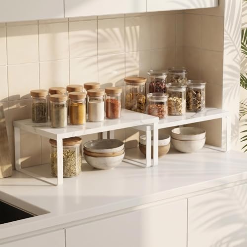 Counter Shelf Set of 4, Kitchen Cabinet Organizer Shelves, Marble White - Image 6