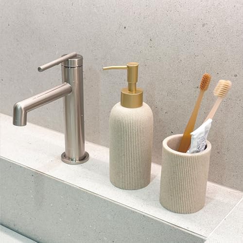 Boho Beige Bathroom Gold Bundle: Elegant 7oz Hand Soap Dispenser & Small Toothbrush Holder, Modern Farmhouse Style, Rust Proof, Unbreakable - Image 3