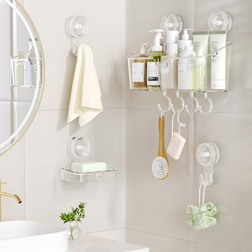 LUXEAR Shower Caddy Suction Cup, No Drilling Strong Hold Shower Organizer with Hooks & Soap Dish Fast Draining Removable Reusable Bathroom Storage Shelf Friendly for Bathroom/Kitchen/RV 22LBS Capacity - Image 2