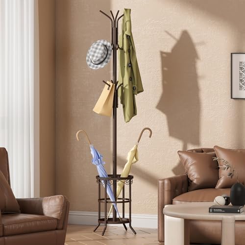 GHWIE Coat Rack Freestanding, Coat Tree with Umbrella Holder, Metal Coat Rack Stand with 12 Hooks, Standing Coat Hanger Stand, Umbrella Stand for Entryway, Hat Rack Stand for Home Office, Brown - Image 2