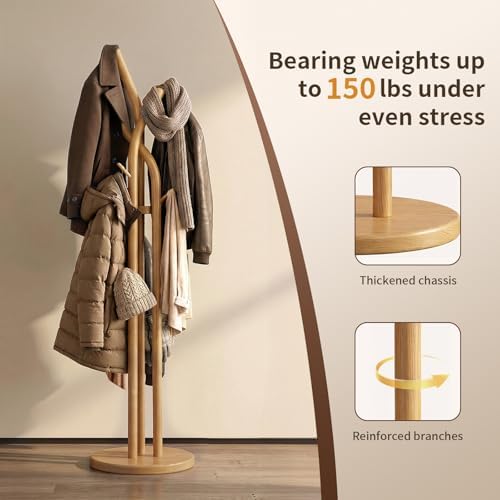 Solid Wood Coat Rack Freestanding Wood Coat Tree Rack with 9 Hooks, Creative Tree-Shaped Design, Standing Coat Rack Clothes Hanger Stand with Sturdy Base for Entryway, Bedroom - Load 150lb (Natural) - Image 5