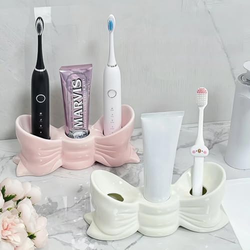 Bow Ceramic Toothbrush Holder, 3-Slot Cute Bathroom Toothbrush Organizer - Image 6