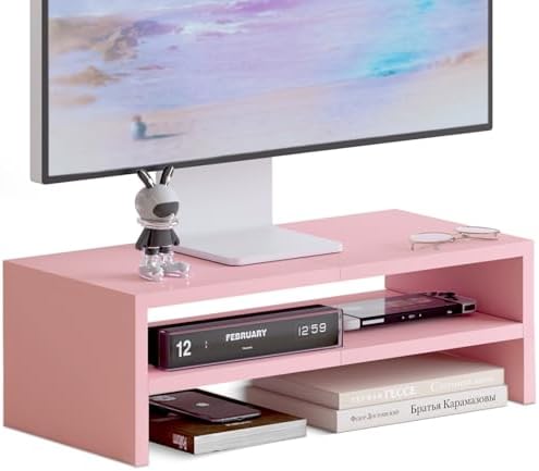 DS502P TEAMIX 20 inch Pink Monitor Riser Stand - 2 Tiers, Wood Desktop Bookshelf by TEAMIX