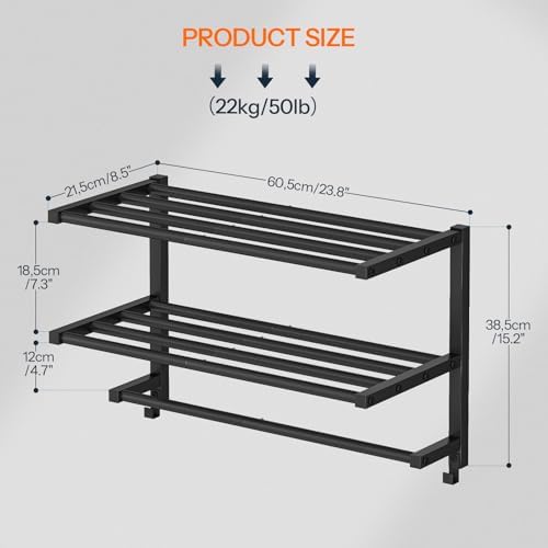HOOBRO 23.8" Towel Rack for Bathroom, 3 Tier Towel Shelf with Tower Bars, Bathroom Storage Organizer for Towels and Toiletries, Towel Holder Wall Mounted with 2 Hooks, Black BK08LB01 - Image 2