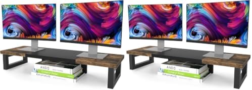 WESTREE Dual Monitor Stand Riser, Wood and Steel Multi-Purpose Desktop Storage Stand for 2 Monitors for Computer, Laptop, Printer, TV, Rustic Brown (Pack of 2) by WESTREE