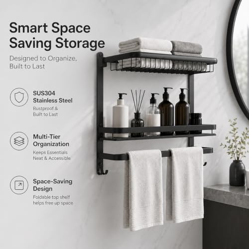 CAXIMSY Towel Rack for Bathroom with 3 Tier Shelf Double Bar Hook (Black) - Image 3