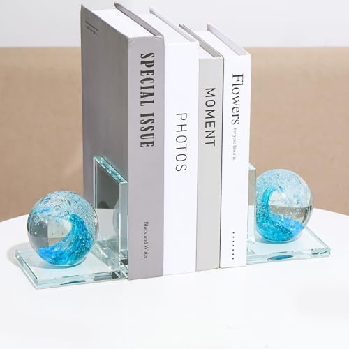 Arikyrist 1 Pair Crystal Bookends for Heavy Books with Hand Blown Wave Ball - Image 2