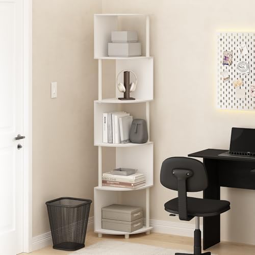 Furinno ECON Corner Shelf, 5-Tier Corner Book Shelf, Zigzag Storage Shelves, Display Rack, Bookshelf, for Organization and Storage, Living Room, Home Office, White - Image 2