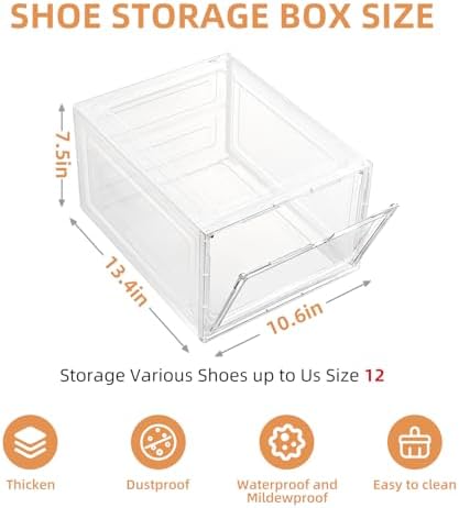 Shoe Organizer,Thicken & Sturdy Shoe Boxes with Magnetic Door,Stackable Plastic Shoe Storage Boxes Containersfor Sneakers,13.5" x 10.5" x 7.4" (Clear, 10 Pack) - Image 2
