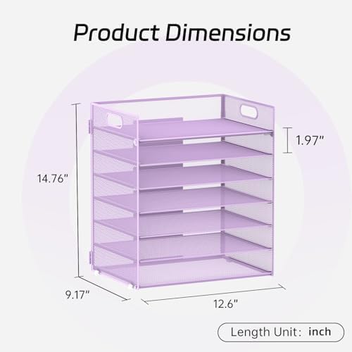 7 Tier Paper Organizer for Desk with Mesh Letter Trays and Handle Purple - Image 2