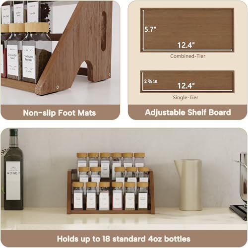 Bamboo Spice Rack Organizer -3-Tier Spice Rack for Countertop,Cabinet Spice Rack Organizer for 18 Spice Jars(4oz)，Step Shelf(Walnut) - Image 6