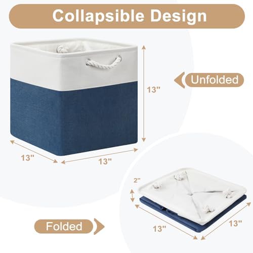 13x13 Storage Cube Bins 4Pack,Collapsible Cube Storage Organizer for Closet, Fabric Storage Box w/ Rope Handles, Foldable Storage Baskets for Shelves, Clothes,Closet Organization - White/Blue - Image 2
