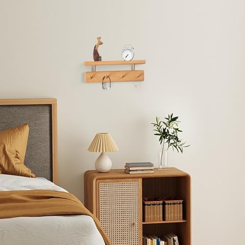 Solid Wood Shelf with Hooks, 12 inch Coat Rack Wall Mount, Shelves with 4 Brass Hooks for Hanging in Entryway, Living Room, Bathroom, Bedroom, Kitchen(Beechwood) - Image 5