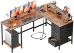 Korfile 59 inch L Shaped Computer Desk with Power Outlets, Rustic Brown by Korfile