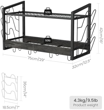 CHOEZON Hanging Pot Rack, Pot Rack Wall Mounted, 2-Tier Kitchen Pot and Lid Organizer, Wall-Mounted Cookware Holder with 12 Hooks, for Kitchen Storage of Pots, Pans, Utensils, Charcoal Black TPR02BC - Image 3