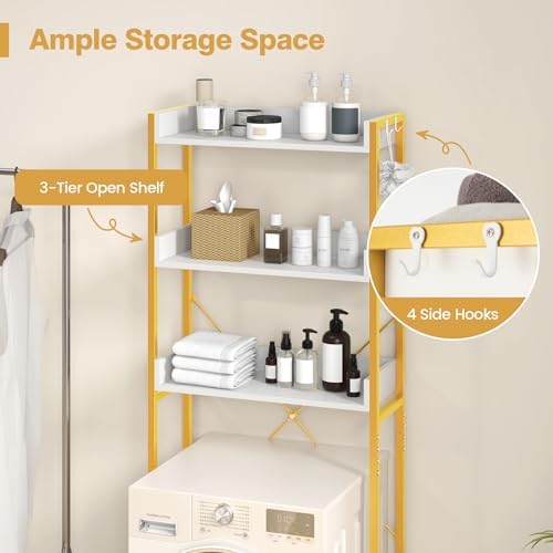 GIANTEX Over The Toilet Storage Shelf, 3-Tier Freestanding Space Saver Above Toilet with 4 Hooks, Adjustable Bottom Bar, Over Toilet Bathroom Organizer for Restroom, Laundry, Easy Assembly - Image 4