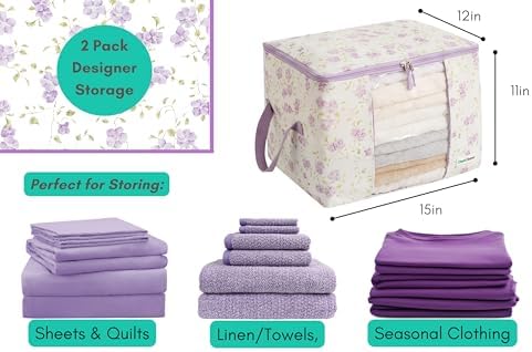 Chaos Cleared Canvas Storage Bags Designer Organizer 2 Pack – Seasonal Storage for Sweaters, Blankets, Linens & Garments – Foldable Design with Zip & Window (Purple Floral Print) - Image 2