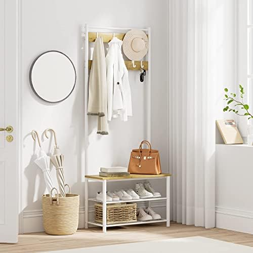 Hall Tree with Bench and Shoe Storage, 3-in-1 Coat Rack Shoe Bench, Freestanding Wooden Coat Rack with Metal Frame, 3-Tier Storage Shelf and 9 Removable Hooks, White/Walnut by AEPOALUA