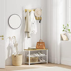 Hall Tree with Bench and Shoe Storage, 3-in-1 Coat Rack Shoe Bench, Freestanding Wooden Coat Rack with Metal Frame, 3-Tier Storage Shelf and 9 Removable Hooks, White/Walnut by AEPOALUA