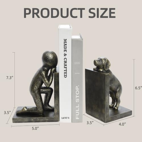 Decorative Bookends for Shelves, Human & Dog Antique Bronze Resin Book Ends - Image 3