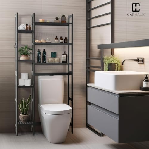 CAPHAUS Over -The -Toilet Storage Shelf,7-Tier Bamboo Bathroom Organizer Shelf Rack Over Toilet with Adjustable Feet & Hooks, Freestanding Toilet Shelf for Bathroom Laundry Balcony Plant Stand,Black - Image 3