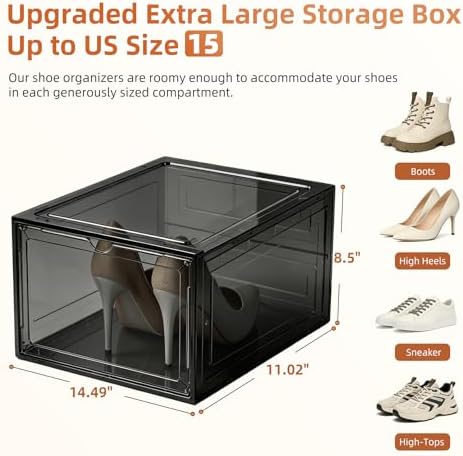 KEFA XL Shoe Storage Box, 6 PACK Shoe Boxes Clear Plastc Stackable Organizer, Clear Plastic Shoe Boxes Fit for US 15 (6 PACK BLACK) - Image 3