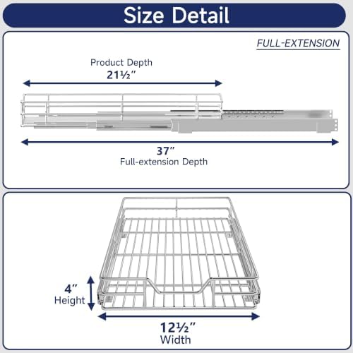 Pull Out Cabinet Organizer, 12.5" W x 21.5" D, Heavy Duty Chrome Slide Out Shelf for Narrow Base Cabinets, Sliding Wire Basket Drawer for Spices, Bottles, Snacks & Cleaning Supplies - Image 2