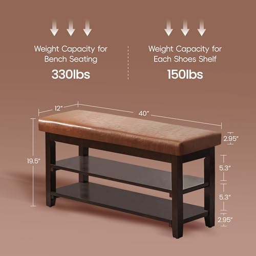 40" Shoe Bench with Leather Cushion, Upholstered Entryway Bench, Light Brown - Image 2