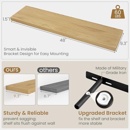 Fun Memories 48 Inch Floating Shelves, 9.3 Inch Deep Wall Shelves for Bathroom, Living Room, Bedroom, Kitchen, Deep Long Shelf Wall Mounted 1 Pack Shelf for Books, Decor, Oak - Image 3