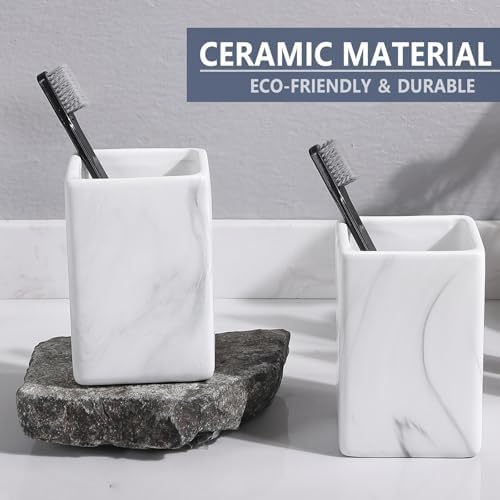 Marble Square Toothbrush Holders - Ceramic Tooth Brushing Holders, Toothbrush Cup, Toothpaste Organizer for Bathroom Countertop, Makeup Brush Holder, Pen Holder for Home Desktop Storage - Image 2