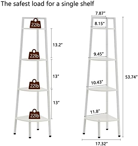 Hoctieon Corner Shelf, 4-Tier Corner Bookshelf, Rustic Corner Ladder Shelf, Industrial Display Shelf for Living Room, Kitchen, Home Office, Balcony, Small Space, Metal Frame, White - Image 2