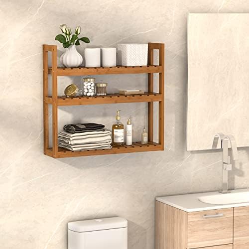 Domax Bamboo Bathroom Shelf 3-Tier Wall Mount Storage Rack Multifunctional Adjustable Layer Free Standing Over Toilet Utility Shelves Living Room Kitchen (Walnut) - Image 2