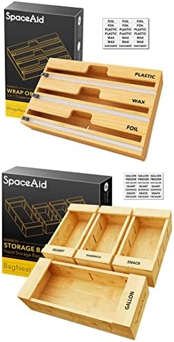 SpaceAid WrapNeat 3 in 1 Wrap Dispenser with Cutter and Labels, SpaceAid Bag Storage Organizer for Kitchen Drawer, (4 Pack) by SpaceAid