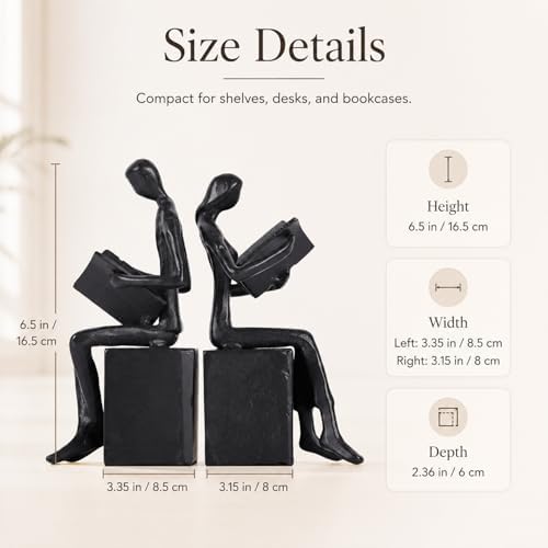 Iron Decorative Bookends for Heavy Books, Black Reading Couple Book Ends Decorative, Metal Thinker Bookends for Shelves Shelf Bookshelf Books Home Office Aesthetic or Book Lovers Gifts - Image 3