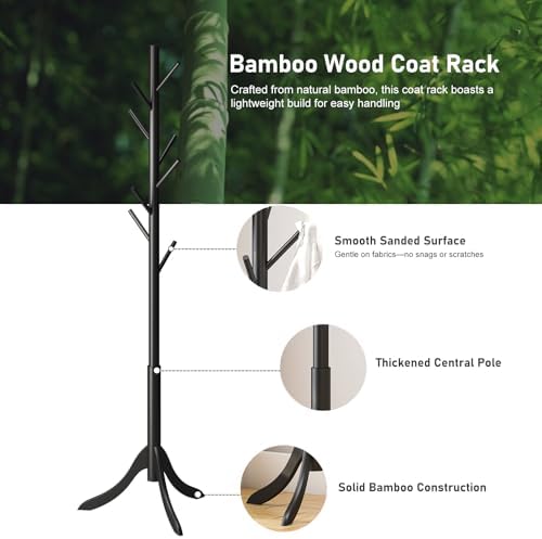 kiplant Black Coat Rack Stand, Bamboo Wood Freestanding Coat Tree with 8 Hooks, Hallway Entryway Hat Hanger Organizer Standing for Bedroom, Office, Clothes, Jackets, Bags, Umbrallas - Image 2