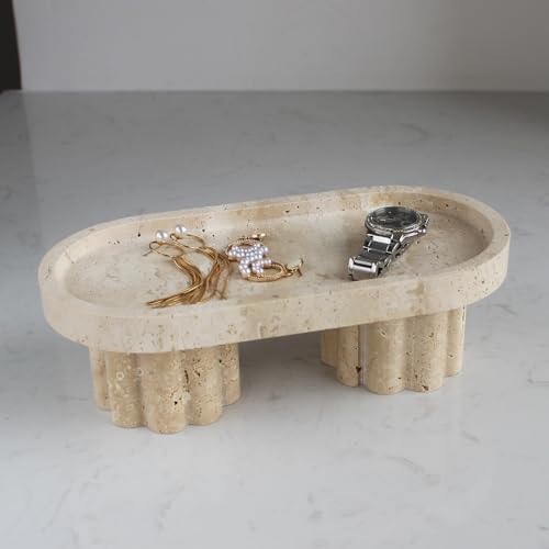 Natural Travertine Marble Oval Tray with 2 Legs, 10" Vanity Decorative Tray for Countertop Organizer, Catchall Tray for Perfume, Candles, Jewelry Dish - Image 4