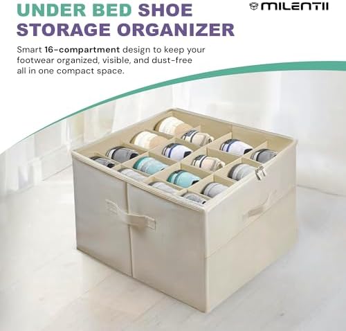 2 Pack Under Bed Shoe Storage Organizer, 16-Compartment Foldable Shoe Storage Boxes with Adjustable Dividers & Clear PVC Lid, Sneakers, Heels, Boots & Sandals Organizer for Closet, Off White - Image 2